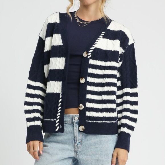 NEW! ⭐️ Umgee USA Umgee Cable-Knit Stripe Button-Up Cardigan size Large - Picture 6 of 6